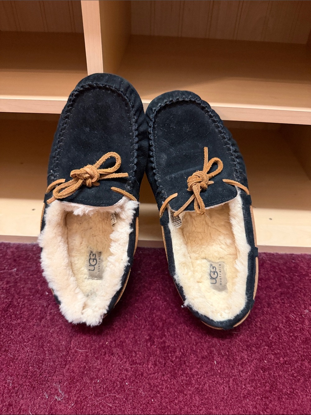 UGG Men’s Black Suede Moccasin Slippers with Chestnut Laces and Sheepskin Lining